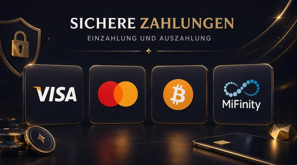 Logos von Visa, Mastercard, Bitcoin und MiFinity nebeneinander